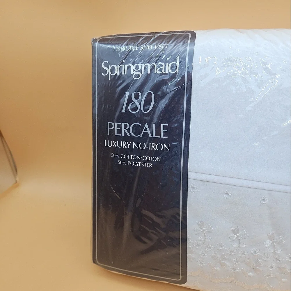 Vintage Springmaid 180 Percale Double Sheet Set NOS New White Floral Design